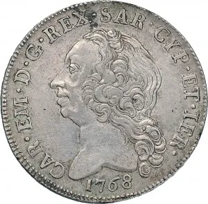Carlo Emanuele III di Savoia 1730 1773 Regno di Sardegna Periodo posteriore alla riforma monetaria del 1754 Monetazione per la Sardegna Scudo da 10 reali 1768 1769 Scudo ovale a cartoccio 38 39 mm 23,37 23,50 g Ag dritto