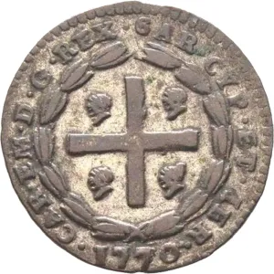 Carlo Emanuele III di Savoia 1730 1773 Regno di Sardegna Periodo posteriore alla riforma monetaria del 1754 Monetazione per la Sardegna Soldo da 12 denari 1768 1772 Scettro e bastone 20 mm 1,87 2,24 g Mi dritto