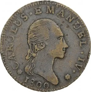 Carlo Emanuele IV di Savoia 1796 1800 Regno di Sardegna 7,6 soldi 1800 1801 Scudo ovale a cartoccio 3 tipo 25 26 mm 4,52 4,95 g Cu dritto