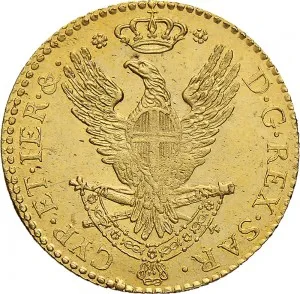 Carlo Emanuele IV di Savoia 1796 1800 Regno di Sardegna Doppia da 4 scudi 1797 1800 Aquila spiegata 25 26 mm 9,00 9,14 g Au rovescio