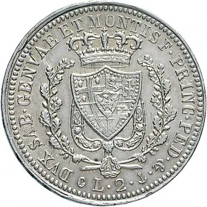 Carlo Felice di Savoia 1821 1831 Regno di Sardegna 2 lire 1823 1831 Scudo triangolare rialzato 27 mm 9,32 10,00 g Ag rovescio