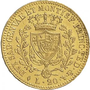 Carlo Felice di Savoia 1821 1831 Regno di Sardegna 20 lire 1821 1831 Scudo triangolare rialzato 21 mm 6,42 6,45 g Au rovescio