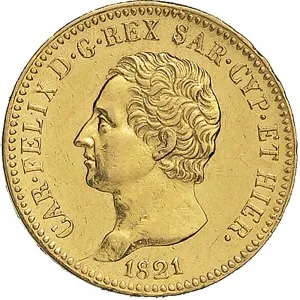 Carlo Felice di Savoia 1821 1831 Regno di Sardegna 20 lire 1821 1831 Scudo triangolare rialzato 21 mm 6,42 6,45 g Au dritto