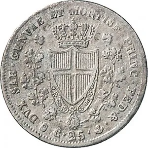 Carlo Felice di Savoia 1821 1831 Regno di Sardegna 25 centesimi 1829 1830 Scudo triangolare rialzato 15 mm 1,21 1,25 g Ag rovescio