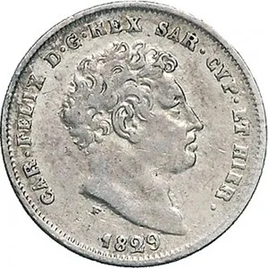Carlo Felice di Savoia 1821 1831 Regno di Sardegna 25 centesimi 1829 1830 Scudo triangolare rialzato 15 mm 1,21 1,25 g Ag dritto