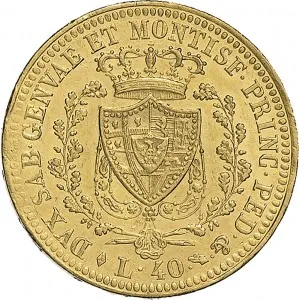 Carlo Felice di Savoia 1821 1831 Regno di Sardegna 40 lire 1822 1831 Scudo triangolare rialzato 26 mm 12,89 12,91 g Au rovescio