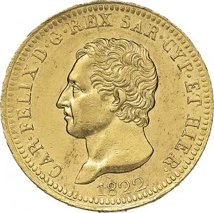 Carlo Felice di Savoia 1821 1831 Regno di Sardegna 40 lire 1822 1831 Scudo triangolare rialzato 26 mm 12,89 12,91 g Au dritto