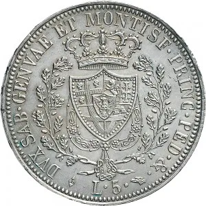 Carlo Felice di Savoia 1821 1831 Regno di Sardegna 5 lire 1821 1831 Scudo triangolare rialzato 37 mm 24,9 25,0 g Ag rovescio