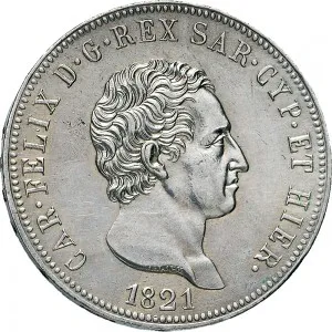 Carlo Felice di Savoia 1821 1831 Regno di Sardegna 5 lire 1821 1831 Scudo triangolare rialzato 37 mm 24,9 25,0 g Ag dritto