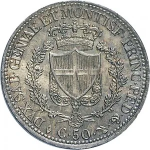 Carlo Felice di Savoia 1821 1831 Regno di Sardegna 50 centesimi 1823 1831 Scudo triangolare rialzato 18 mm 2,37 2,51 g Ag rovescio