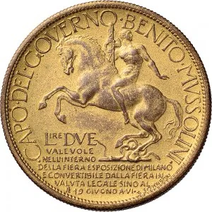 Regnando Vittorio Emanuele III di Savoia 1900 1946 Regno d'Italia Gettoni delle Esposizioni Gettone da 2 lire 1928 Littore 29,5 mm 9,98 10,37 g dorato rovescio