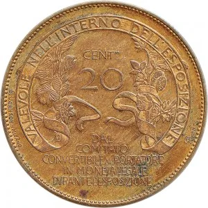 Regnando Vittorio Emanuele III di Savoia 1900 1946 Regno d'Italia Gettoni delle Esposizioni Gettone da 20 centesimi 1906 Valore 27,5 29,0 mm 9,08 9,86 g rovescio