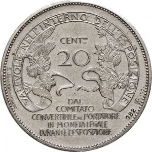 Regnando Vittorio Emanuele III di Savoia 1900 1946 Regno d'Italia Gettoni delle Esposizioni Gettone da 20 centesimi 1906 Valore 27,5 mm 10,85 g Ag rovescio