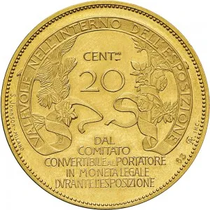 Regnando Vittorio Emanuele III di Savoia 1900 1946 Regno d'Italia Gettoni delle Esposizioni Gettone da 20 centesimi 1906 Valore 27,5 mm 18,20 18,24 g Au rovescio