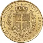 Regno di Sardegna Carlo Alberto di Savoia 1831 1849 20 lire 1832 1849 Scudo sannitico 2 tipo 21 mm 6,35 6,45 g Au rovescio
