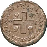 Regno di Sardegna Carlo Emanuele III di Savoia 1730 1773 Periodo anteriore alla riforma monetaria del 1754Monetazione per la Sardegna 3 cagliaresi da sei denari 1741 Croce piana 2 tipo 24 mm 6,05 6,95 g Cu rovescio