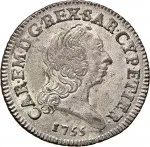 Regno di Sardegna Carlo Emanuele III di Savoia 1730 1773 Periodo posteriore alla riforma monetaria del 1754 7,6 soldi 1755 1758 Scudo ovale a cartoccio 26 mm 3,9 5,11 g Mi dritto