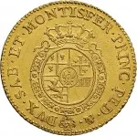 Regno di Sardegna Carlo Emanuele III di Savoia 1730 1773 Periodo posteriore alla riforma monetaria del 1754 Doppia da 4 scudi 1755 1772 Scudo rotondo 26 mm 9,55 9,62 g Au rovescio