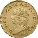 Regno di Sardegna Carlo Emanuele III di Savoia 1730 1773 Periodo posteriore alla riforma monetaria del 1754 Mezza doppia da 2 scudi 1755 1772 Scudo rotondo 21 mm 4,4 4,85 g Au dritto