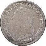 Regno di Sardegna Carlo Emanuele III di Savoia 1730 1773 Periodo posteriore alla riforma monetaria del 1754 Ottavo di scudo da 0,15 lire 1755 1758 Scudo rotondo 24 mm 4,22 4,35 g Ag dritto