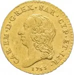 Regno di Sardegna Carlo Emanuele III di Savoia 1730 1773 Periodo posteriore alla riforma monetaria del 1754 Quarto di doppia 1755 1757 Scudo rotondo 18 mm 2,33 2,4 g Au dritto