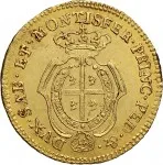 Regno di Sardegna Carlo Emanuele III di Savoia 1730 1773 Periodo posteriore alla riforma monetaria del 1754Monetazione per la Sardegna Doppietta da 10 reali 1768 1772 Scudo ovale a cartoccio 22 mm 3,13 3,21 g Au rovescio