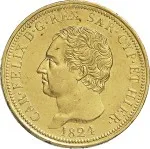 Regno di Sardegna Carlo Felice di Savoia 1821 1831 80 lire 1823 1831 Scudo triangolare rialzato 33 mm 25,68 25,83 g Au dritto
