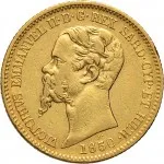 Regno di Sardegna Vittorio Emanuele II di Savoia 1849 1861 20 lire 1850 1861 Scudo sannitico 21 mm 6,32 6,45 g Au dritto