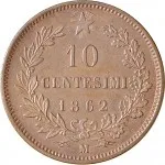 Regno d'Italia Vittorio Emanuele II di Savoia 1861 1878 10 Centesimi 1862 1867 Valore entro semicorona di alloro e quercia 2 tipo 30 mm 9,23 10,36 g rovescio
