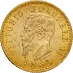 Regno d'Italia Vittorio Emanuele II di Savoia 1861 1878 10 lire 1863 1865 Scudo sannitico 2 tipo 18.5 mm 3,21 3,22 g Au dritto