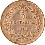 Regno d'Italia Vittorio Emanuele II di Savoia 1861 1878 5 centesimi 1861 1867 Valore entro semicorona di alloro e quercia 25 mm 4,88 5,12 g rovescio