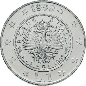 Repubblica Italiana Lire 1946 2001 Repubblica Italiana Emissioni in argento confezionate 1 lira 1999 Storia della Lira Aquila sabauda 1 tipo 31,4 mm 14,527 14,673 g Ag rovescio