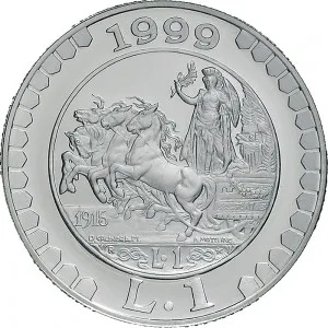 Repubblica Italiana Lire 1946 2001 Repubblica Italiana Emissioni in argento confezionate 1 lira 1999 Storia della Lira Quadriga briosa 1 tipo 31,4 mm 14,527 14,673 g Ag rovescio