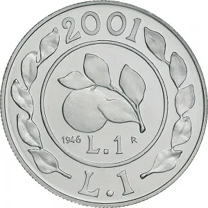 Repubblica Italiana Lire 1946 2001 Repubblica Italiana Emissioni in argento confezionate 1 lira 2001 Storia della Lira Arancia 3 tipo 29 mm 10,945 11,055 g Ag rovescio