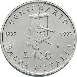 Repubblica Italiana Lire 1946 2001 Repubblica Italiana Emissioni in argento confezionate 100 lire 1993 Banca d'Italia 22 mm 4,4 4,6 g Ag rovescio