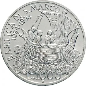 Repubblica Italiana Lire 1946 2001 Repubblica Italiana Emissioni in argento confezionate 1.000 lire 1994 Anno Marciano in Venezia 31,4 mm 14,527 14,673 g Ag rovescio