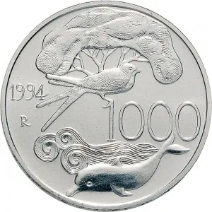 Repubblica Italiana Lire 1946 2001 Repubblica Italiana Emissioni in argento confezionate 1.000 lire 1994 Flora e fauna da salvare 4 tipo 31,4 mm 14,527 14,673 g Ag rovescio