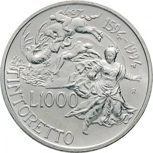 Repubblica Italiana Lire 1946 2001 Repubblica Italiana Emissioni in argento confezionate 1.000 lire 1994 Tintoretto 31,4 mm 14,527 14,673 g Ag rovescio