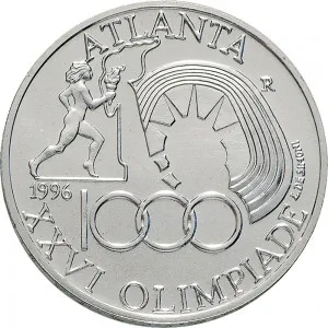 Repubblica Italiana Lire 1946 2001 Repubblica Italiana Emissioni in argento confezionate 1.000 lire 1996 XXVI Olimpiade di Atlanta 31,4 mm 14,527 14,673 g Ag rovescio
