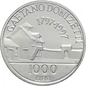 Repubblica Italiana Lire 1946 2001 Repubblica Italiana Emissioni in argento confezionate 1.000 lire 1997 Gaetano Donizetti 31,4 mm 14,527 14,673 g Ag rovescio
