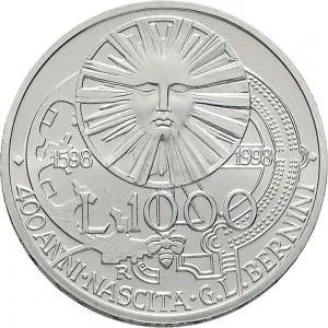 Repubblica Italiana Lire 1946 2001 Repubblica Italiana Emissioni in argento confezionate 1.000 lire 1998 Gian Lorenzo Bernini 31,4 mm 14,527 14,673 g Ag rovescio