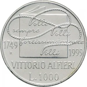 Repubblica Italiana Lire 1946 2001 Repubblica Italiana Emissioni in argento confezionate 1.000 lire 1999 Vittorio Alfieri 31,4 mm 14,527 14,673 g Ag rovescio
