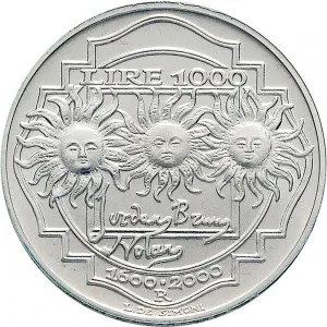 Repubblica Italiana Lire 1946 2001 Repubblica Italiana Emissioni in argento confezionate 1.000 lire 2000 Giordano Bruno 31,4 mm 14,527 14,673 g Ag rovescio
