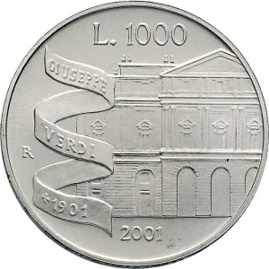 Repubblica Italiana Lire 1946 2001 Repubblica Italiana Emissioni in argento confezionate 1.000 lire 2001 Giuseppe Verdi 31,4 mm 14,527 14,673 g Ag rovescio