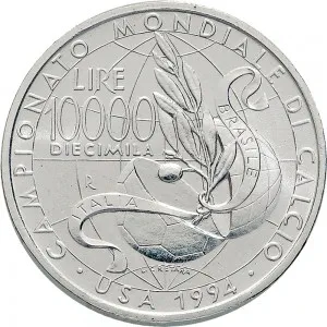 Repubblica Italiana Lire 1946 2001 Repubblica Italiana Emissioni in argento confezionate 10.000 lire 1994 Mondiali di calcio USA 34 mm 21,89 22,11 g Ag rovescio