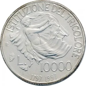 Repubblica Italiana Lire 1946 2001 Repubblica Italiana Emissioni in argento confezionate 10.000 lire 1997 Istituzione del tricolore 34 mm 21,89 22,11 g Ag rovescio