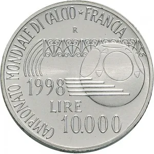 Repubblica Italiana Lire 1946 2001 Repubblica Italiana Emissioni in argento confezionate 10.000 lire 1998 Mondiali di calcio Francia 34 mm 21,89 22,11 g Ag rovescio