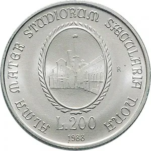 Repubblica Italiana Lire 1946 2001 Repubblica Italiana Emissioni in argento confezionate 200 lire 1988 Universit di Bologna 24 mm 4,9 5,1 g Ag rovescio