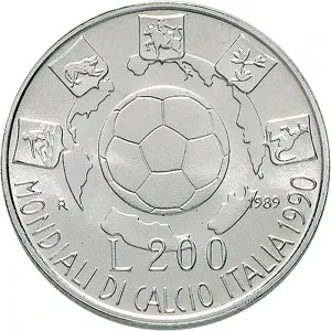 Repubblica Italiana Lire 1946 2001 Repubblica Italiana Emissioni in argento confezionate 200 lire 1989 Mondiali di calcio Italia '90 1 tipo 24 mm 4,9 5,1 g Ag rovescio