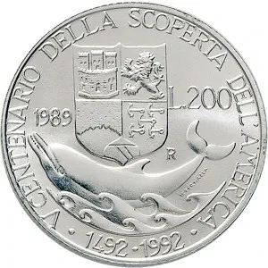 Repubblica Italiana Lire 1946 2001 Repubblica Italiana Emissioni in argento confezionate 200 lire 1989 Scoperta dell'America 1 tipo 24 mm 4,9 5,1 g Ag rovescio